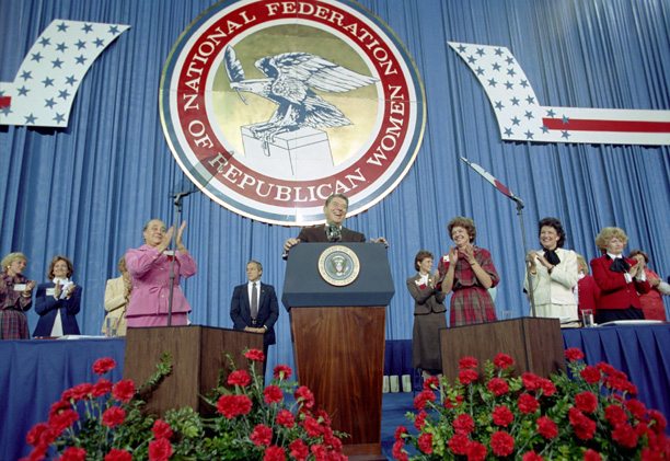 President Ronald Reagan addresses the NFRW 22nd Biennial Convention in 1983. President Ronald Reagan addresses the NFRW 22nd Biennial Convention in 1983.
